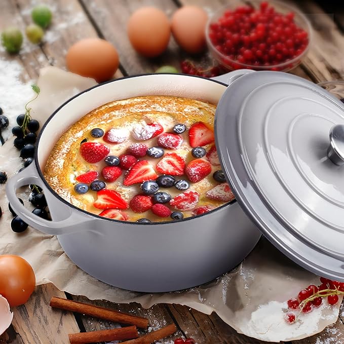 6 Quart Dutch Oven Enameled Cast Iron with Lid - Big Dual Handles - Oven Safe up to 500째F - Classic Round Pot for Versatile Cooking (Light Gray, 6 QT)