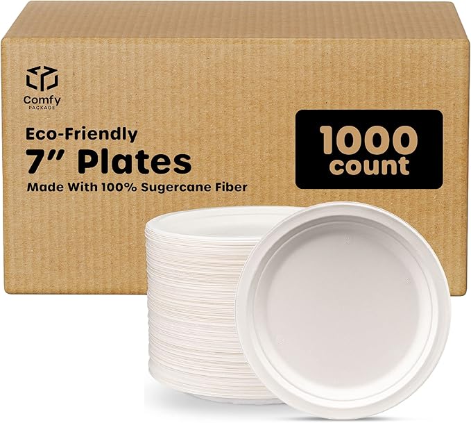 GUSTO [Case of 1,000 7 Inch Heavy-Duty Paper Plates, 100% Compostable, Eco-Friendly - Biodegradable Disposable Plates, Sugarcane Paper Plates (Formerly Comfy Package)