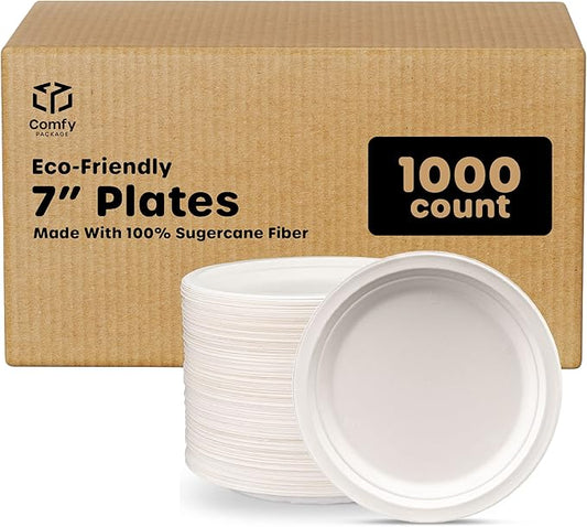 GUSTO [Case of 1,000 7 Inch Heavy-Duty Paper Plates, 100% Compostable, Eco-Friendly - Biodegradable Disposable Plates, Sugarcane Paper Plates (Formerly Comfy Package)