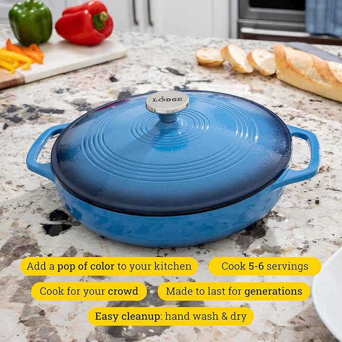 Lodge 3.6 Quart Enameled Cast Iron Oval Casserole With Lid ??Dual Handles ??Oven Safe up to 500째 F or on Stovetop - Use to Marinate, Cook, Bake, Refrigerate and Serve ??Caribbean Blue
