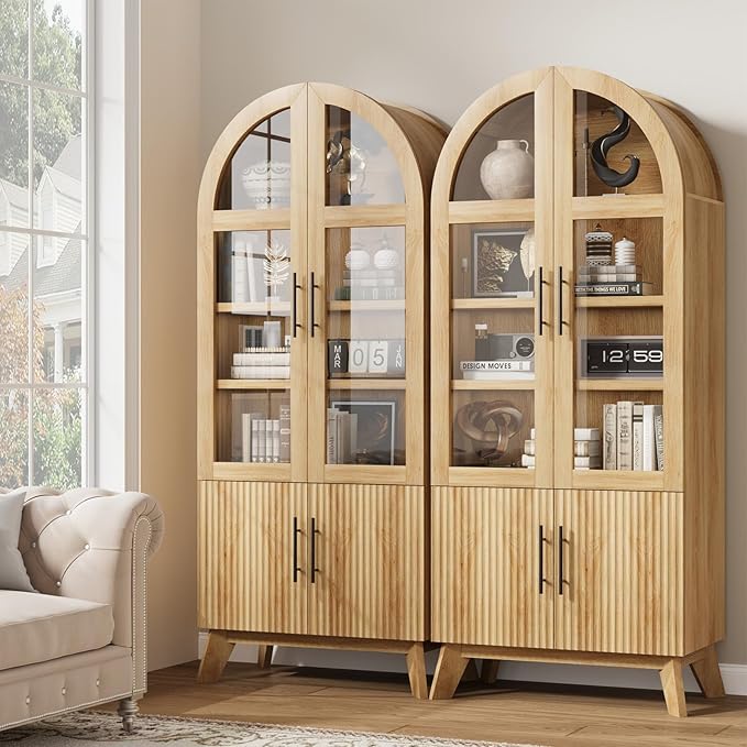 QUW 71" Tall Arched Kitchen Pantry Cabinet, Modern Fluted Display Cabinet with Glass Door & Adjustable Shelves, Storage Cabinet for Kitchen, Living Room, Dining Room, Bathroom, Natural Oak