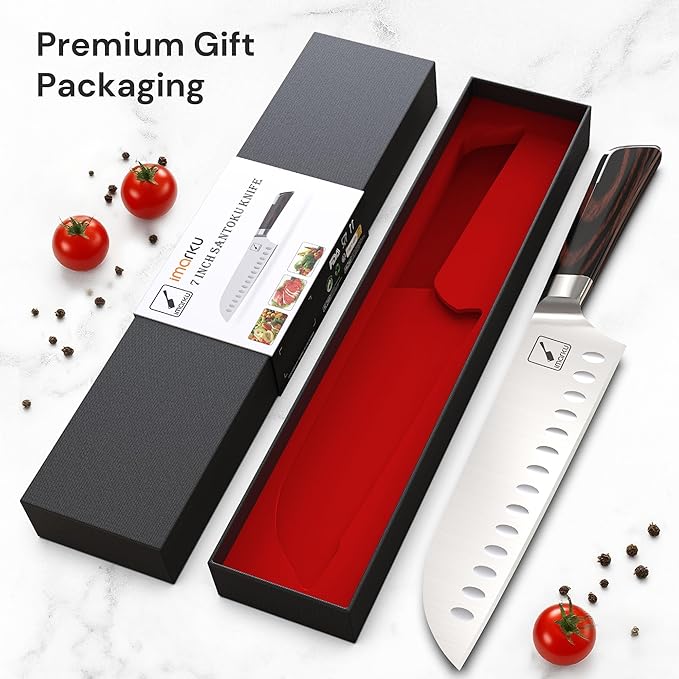 imarku Damascus Chef Knife, Ultra Sharp Japanese Santoku Knife 7 Inch, Professional Grade Powder Steel Forged Damascus Kitchen Knife, Pakka Wood Ergonomic Handle, Gifts for Women and Men