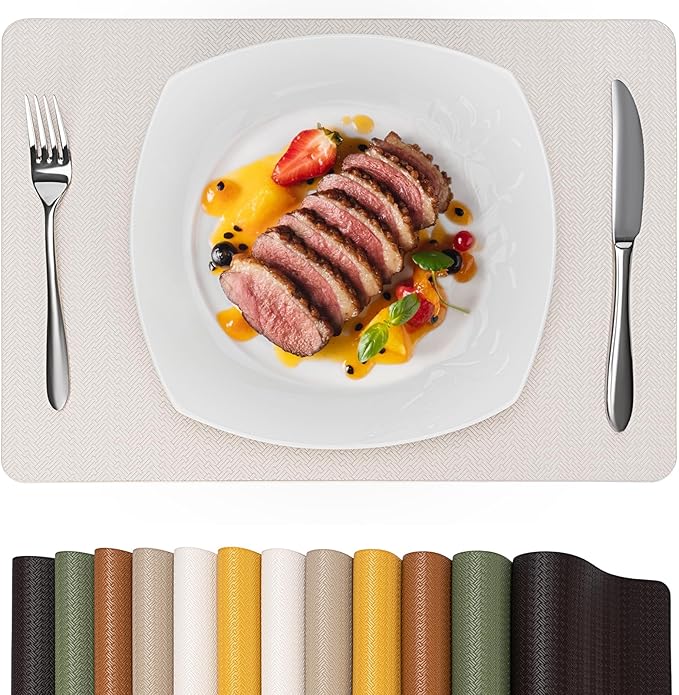 PROMATTOO Faux Leather Placemats Set of 4 – 17x12 Inch Vinyl Table Mats, Heat Resistant, Non Slip, Wipeable & Washable, Easy to Clean Dining Table Decor for Kitchen & Dining Room（Ivory White）