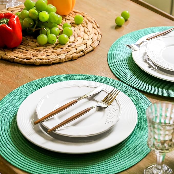 FunWheat Round Braided Placemats Set of 6 Table Mats for Dining Tables Woven Washable Non-Slip Place mats 15 inch(Holly Green, 6pcs)
