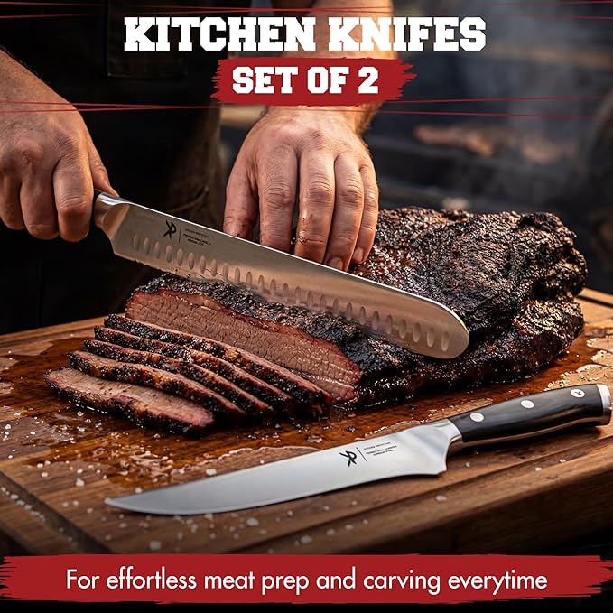 Kitchen perfection BBQ Carving Set for Meat -12??Brisket Slicing Knife +6??Boning Knife with Sheaths - Razor Sharp, Premium German Steel, Full Tang Ergonomic Handles- Perfect Grilling Gifts for Men