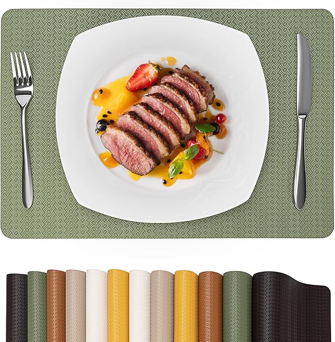 PROMATTOO Faux Leather Placemats Set of 6 – 17x12 Inch Vinyl Table Mats, Heat Resistant, Non Slip, Wipeable & Washable, Easy to Clean Dining Table Decor for Kitchen & Dining Room（Olive Green）