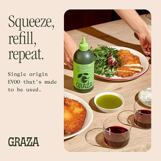 Graza Drizzle Extra Virgin Olive Oil, Finishing Oil - High Polyphenol Early Harvest EVOO Finishing Oil in a Squeeze Bottle - Single Farm Olives from Spain - 11.8 Fl Oz (350ml)