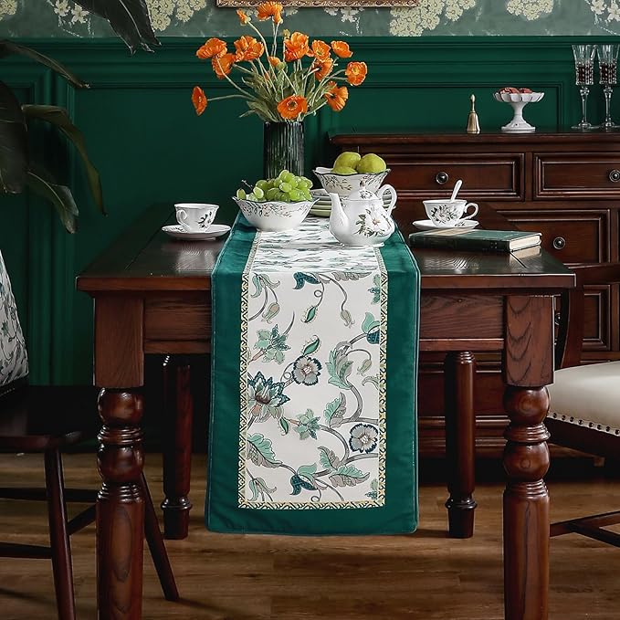 patdrea Designer Elegant French Floral Extra Long Velvet Table Runner, Teal Blossoms Pattern Table Mat, Decoration for Kitchen Dining Coffee Table Shelf Cabinet Banquet Thanksgiving,12"*118"
