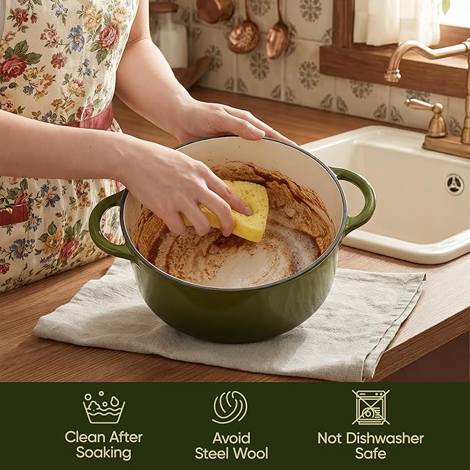 Vintage Style 4.5 Quart Dutch Oven Pot with Lid, Non Stick Enameled Cast Iron Dutch Oven for Bread Baking, Heavy-Duty, Oven Safe Ceramic Cookware Up to 500째F for Baking, Braising, Stews, Roasting, Golden Green
