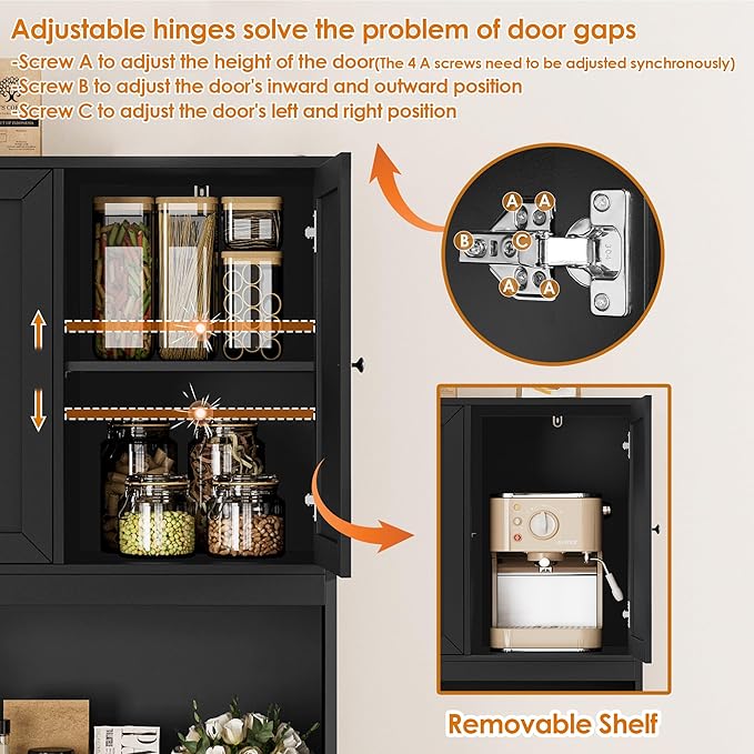 72" Kitchen Pantry Cabinet, Kitchen Hutch with Microwave Stand, Buffet Cabinet with Hutch for Dining Room, Black