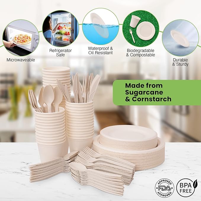 300 Piece (50 Sets) Biodegradable Paper Plates Set (EXTRA LONG UTENSILS), Disposable Dinnerware Set, Eco Friendly Compostable Plates & Utensil include Plates, Cups, Forks, Knives and Spoons