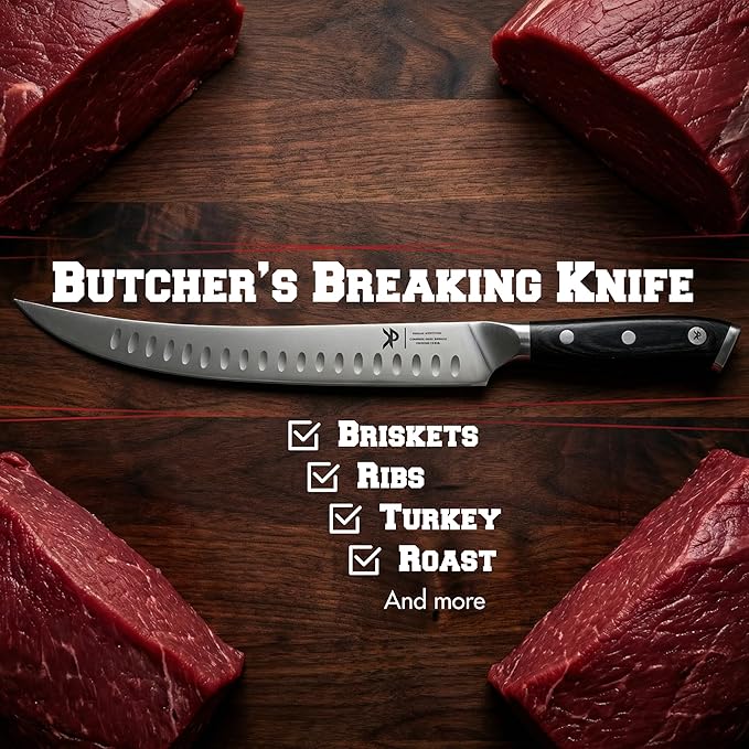 KITCHEN PERFECTION 10??Butcher Knife for Meat Cutting & Trimming-Ultra Sharp Cimeter Breaking Carving Knife with Sheath- Premium German Steel,Full Tang Ergonomic Handle -Perfect Grilling Gifts for Men