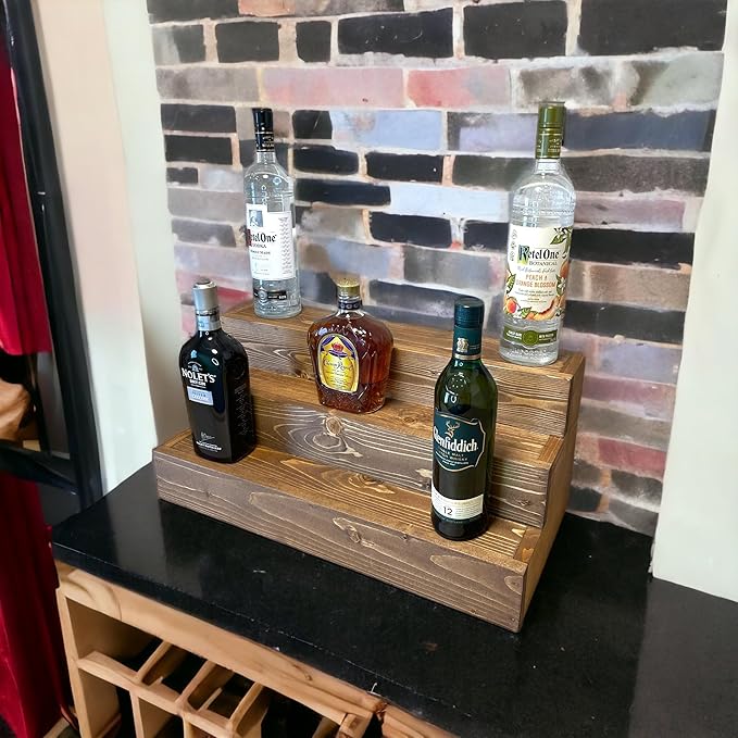 Handmade Tiered Display Shelving - Three Tier Bar Display - Bar Organizer - Liquor Bottle Display (24" without Back, Special Walnut)