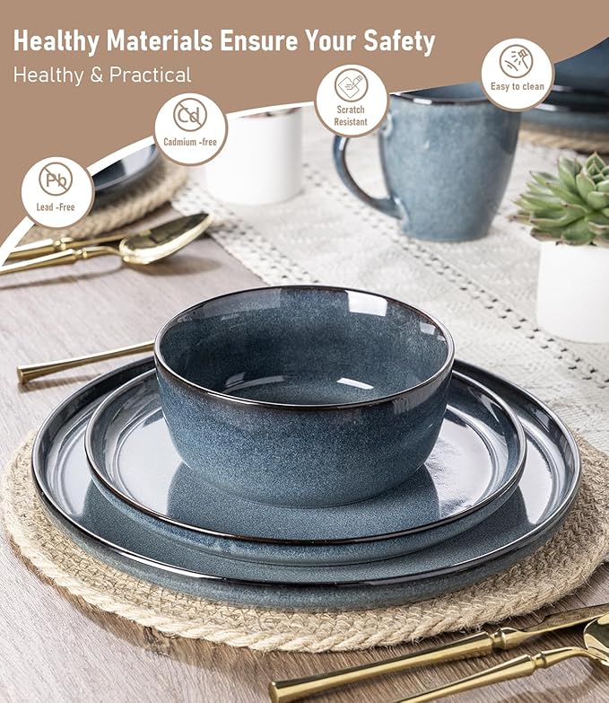 GBHOME Ceramic Dinnerware Sets for 4, 12 Pieces Stoneware Plates and Bowls Sets, Scratch Resistant Dishes, Dishwasher & Microwave Safe, Reactive Glaze-Blue Horizon