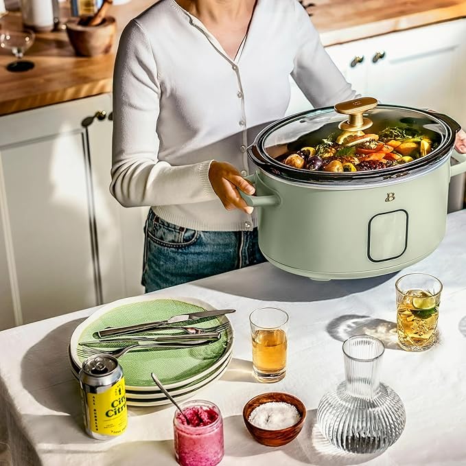 Beautiful 6 Quart Programmable Slow Cooker, 5 Cooking Presets, Digital Countdown Timer, Dishwasher Safe Parts by Drew Barrymore (Sage Green)