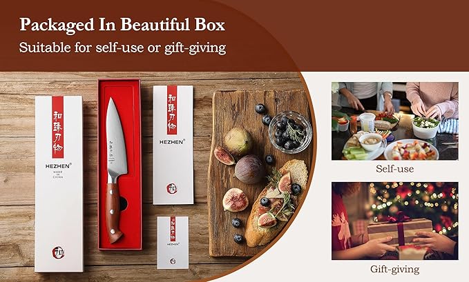 HEZHEN Petty Knife - 5.3??Chef Utility Knife, High Carbon German 1.4116 Stainless Steel Blade, Full Tang, Red Wood Handle, Premium Gift Box,