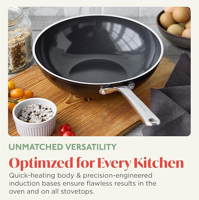 Orfeo 11??Nonstick Wok Pan, Made in Italy, Diamond Ceramic PFAS-Free Cookware, Induction Ready, Scratch Resistant, Laser-Fused Surface for Durability, Dishwasher Safe, Black