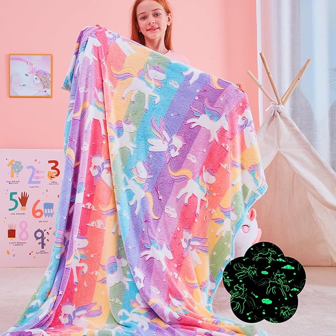 QSTEHEML Unicorns Glow in The Dark Blanket for Girls,Unicorn Gifts for Girls Age 3 4 5 6 7 8 9 10 11 12 Year Old, Soft Unicorns Rainbow Blanket - Christmas Birthday Bedroom Decor 50"횞60"