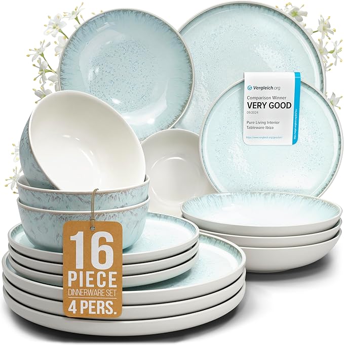 Stoneware dinnerware set 4 persons 16 pcs ??Modern style plates and bowls set ceramic ??Dishwasher, microwave and scratch resistant ??Bowl and plate set ??Dinner service Pure Living beige & light blue