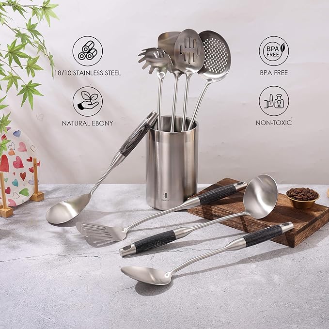 18/10 Stainless Steel Kitchen Utensils Set with Wooden Handle, 8Pcs 15??Long Cooking Utensil Set & Kitchen Gadgets Cookware Set, Serving Utensils-Spatula, Turner, Pasta, Serving Spoon, Skimmer, Ladle