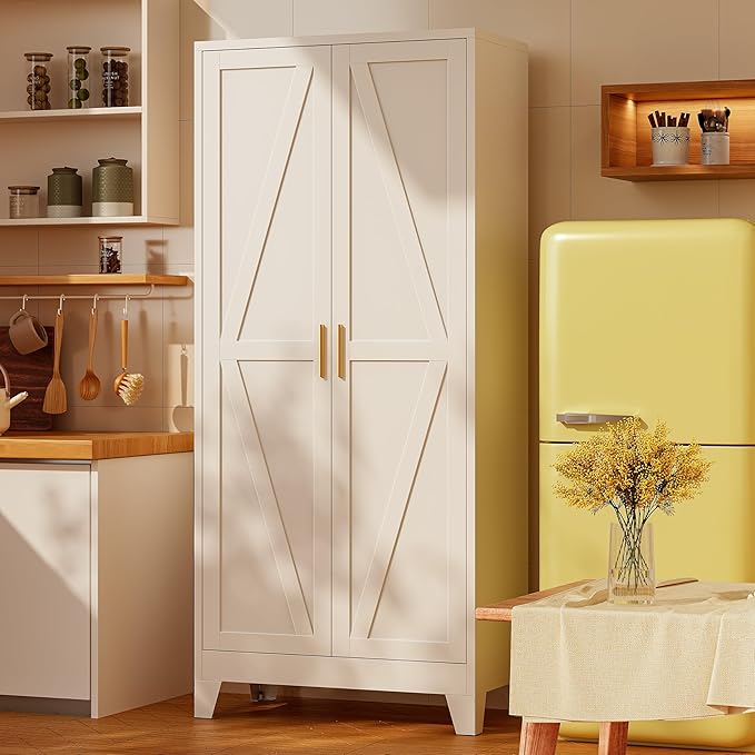 61" H Metal Pantry Cabinet,White Storage Cabinet with Doors,Freestanding Kitchen Pantry Cabinet,Farmhouse Food Storage Cabinets,Tall and Large Pantry Cabinets for Dining Room, Living Room
