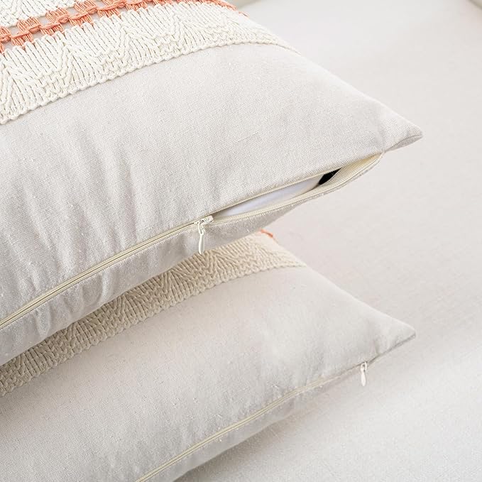 Fancy Homi Set of 2 Boho Coral Euro Decorative Throw Pillow Cover 26x26 Inch for Couch Bed Bedroom, Aesthetic Modern Organic Farmhouse Room Decor, Soft Cotton Accent Macrame Woven Cushion Case