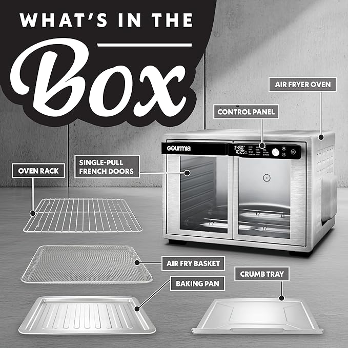 Gourmia French Door Air Fryer Oven - 37 Qt Large Capacity Convection Toaster Oven, FryForce 360°, Digital Display, 12 Cooking Presets, Dehydrate, Fits 13??Pizza, Dishwasher-Safe, Stainless Steel