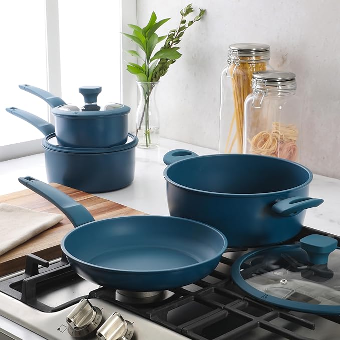 Gibson Home Helensburgh 7-Piece PFA-Free Ceramic Nonstick Carbon Steel Cookware Set ??Blue Pots and Pans with Glass Lids, Saucepan, Dutch Oven, Fry Pan