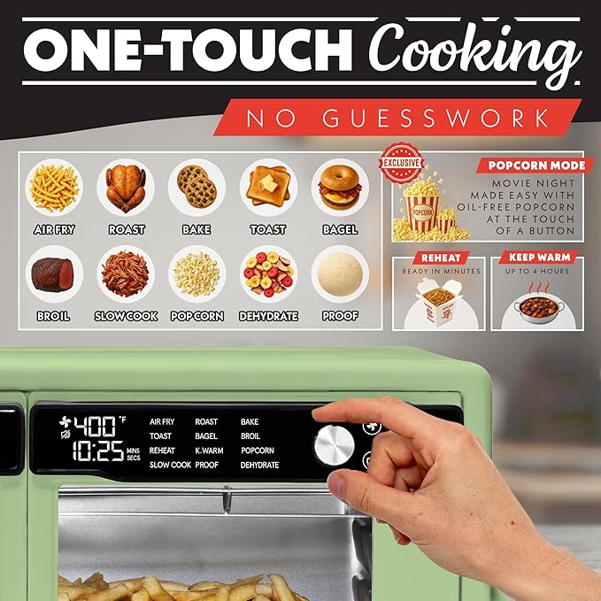 Gourmia French Door Air Fryer Oven - 37 Qt Large Capacity Convection Toaster Oven, FryForce 360°, Digital Display, 12 Cooking Presets, Dehydrate, Fits 13??Pizza, Dishwasher-Safe, Green