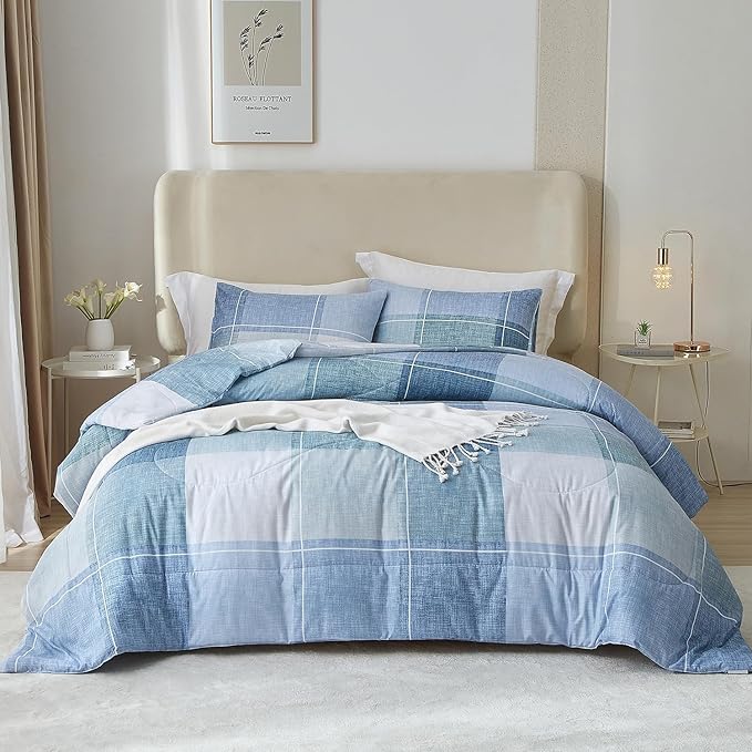 LifeTB Blue Checkered Comforter King Comforter Set Geometric Checkered Plaid Bedding Comforter for Men Boys Fluffy Soft Lightweight Bedding Boho Plaid Comforter Set for All Seasons King Size