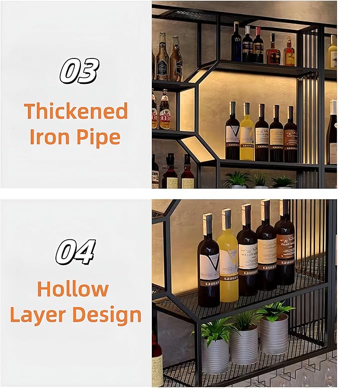 47 Inch Metal Wall-Mounted Wine Rack & Liquor Shelf, 5-Tier Large Bar Shelves for Liquor Bottles with Glass Holder, Alcohol Shelf for Home Bar & Dining Room, Black(Left, No Lights)