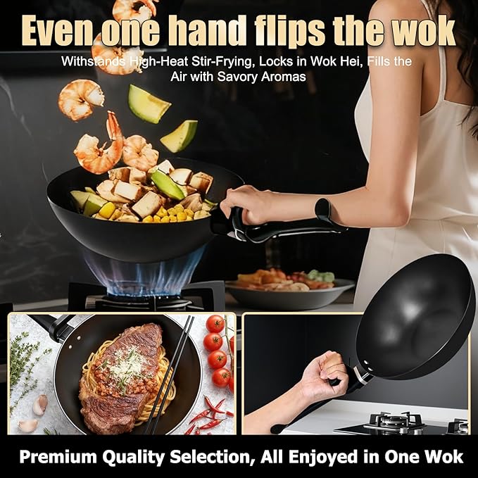 Carbon Steel Wok Pan, Non-stick saut챕 pan,13 Inch Woks & Stir-fry Pans Nonstick with Ergonomic Handle, Cookware, Pots and Pans,Versatile Bottom Chinese Woks for All Stoves
