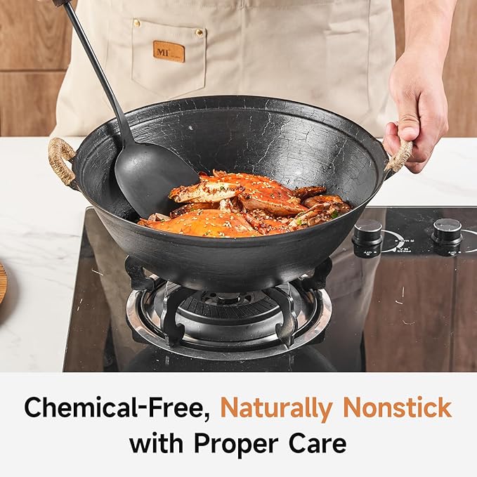 WANGYUANJI 11.8 Inch Handmade Cast Iron Wok with Dual Handles, Small Round-Bottom Chinese Wok for 1?? Servings, Uncoated Stir Fry Pan for Gas Stoves & Open Flame Cooking