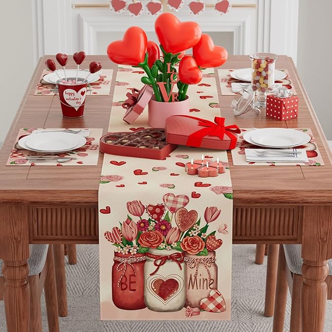 XCHI Roses Flowers Love Hearts Vase Valentine?셲 Day Table Runner Table Decoration for Party Home Kitchen Dining Dinner Holiday Decor 13x72 Inch