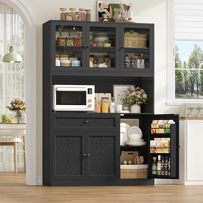 72??Tall Kitchen Pantry Storage Cabinet, Modern White Kitchen Hutch with Large Storage Drawer, Countertop, Adjustable Shelves, Food Pantry Cabinets for Dining Room, Living Room (Black)