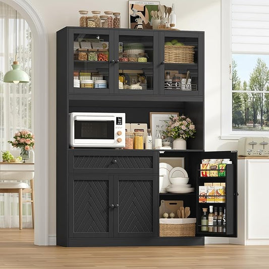 72??Tall Kitchen Pantry Storage Cabinet, Modern White Kitchen Hutch with Large Storage Drawer, Countertop, Adjustable Shelves, Food Pantry Cabinets for Dining Room, Living Room (Black)