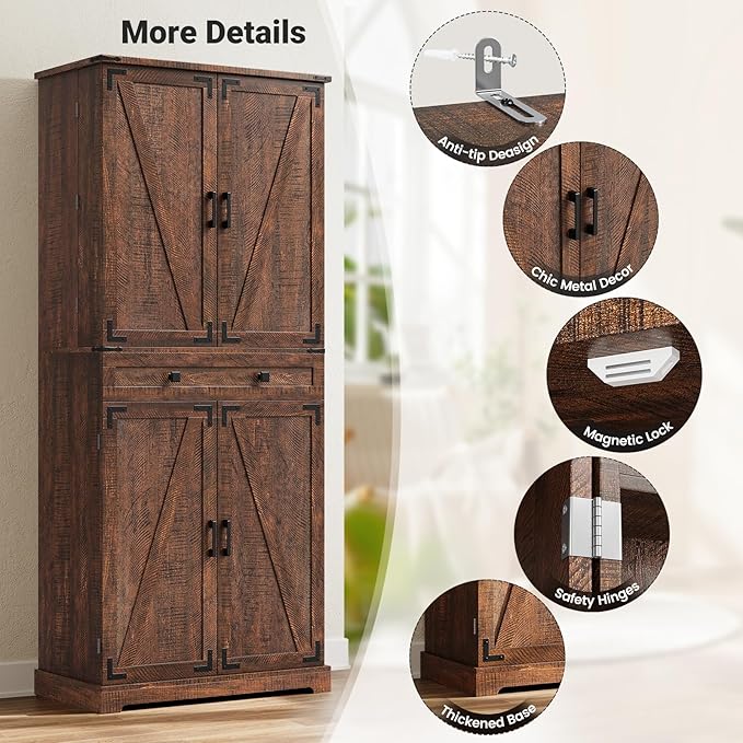 ELYKEN 72" Kitchen Pantry Storage Cabinet with Barn Doors, Pull Out Shelves & Drawer Organizer, Farmhouse Tall Kitchen Cupboard Cabinet, Wood Food Pantry for Kitchen Dining Room, Rustic Brown