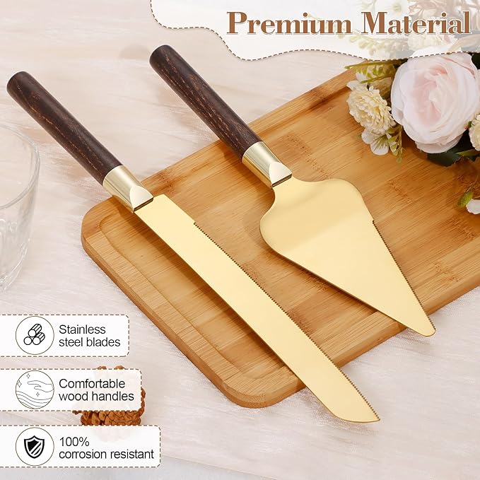 Gold Cake Cutting Set for Wedding, Wood Cake Knife and Server Set, Vintage 2-Piece Pie Cutter Set, Serrated Pizza Dessert Utensils, Bridal Birthday Quincea챰era Gift (Walnut color)