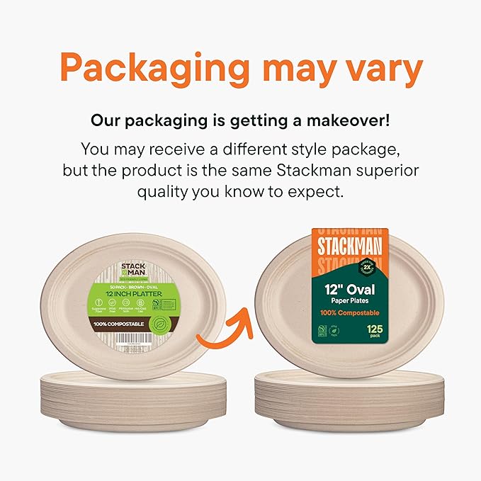 100% Compostable Oval Paper Plates [12.5 inch - 50-Pack] Elegant Disposable Dinner Platter Heavy-Duty Quality, Natural Bagasse Unbleached Eco-Friendly Made of Sugar Cane Fibers, [12.5" x 10" Platter]