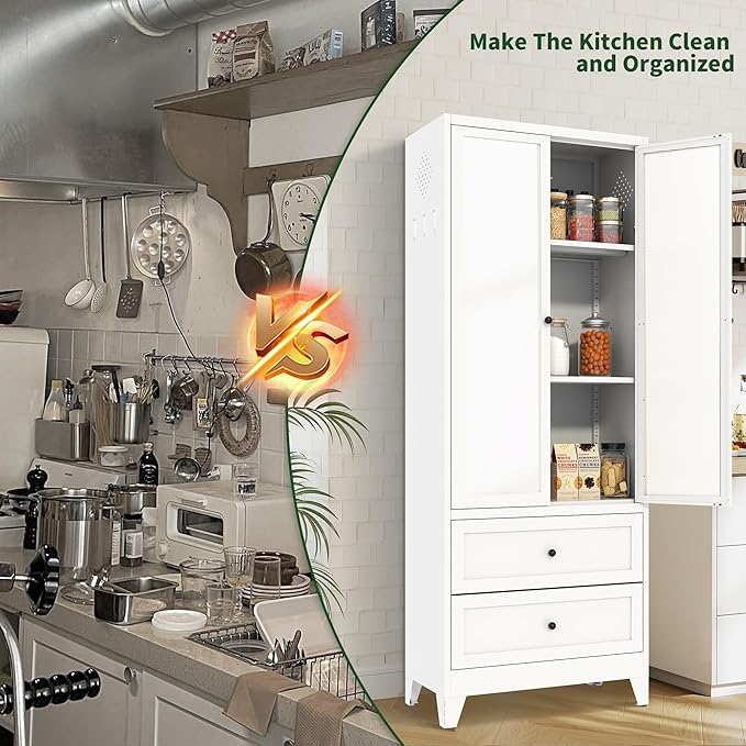 72" Tall Kitchen Pantry Cabinet,White Metal Pantry Cabinet with 2 Drawers & 2 Adjustable Shelves,Utility Storage Cabinet Rust-Resistant for Living Room,Dining Room,Bathroom,Garage,Basement