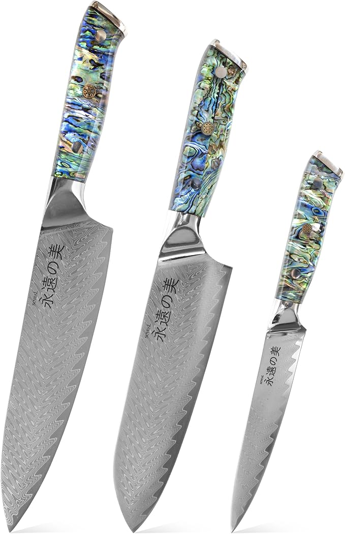 Damascus Kitchen Knife Set, 67-Layer Damascus Steel, Professional Chef Knives Set for Kitchen, Ergonomic Wood & Resin Handle (Blue, 3 pieces with Shell Handle)