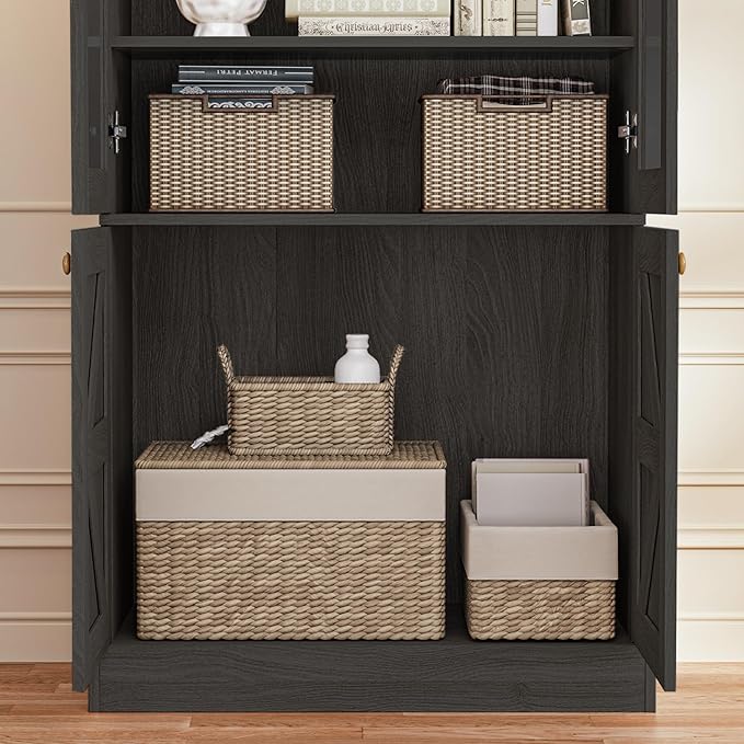 71" Tall Farmhouse Bookshelves with Glass Doors, Rustic Large Bookcase with Adjustable Shelves, Wooden Storage Cabinet for Living Room, Kitchen, Home Office, Dining Room, Black Glass Door(4 Pcs)