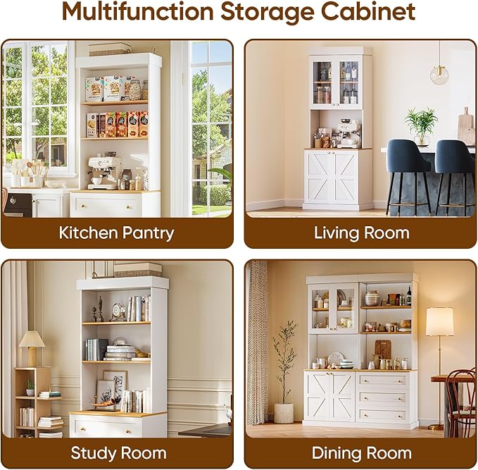 71" Tall Farmhouse Kitchen Pantry, Large Storage Cabinet with Glass Doors, Freestanding Coffee Bar Hutch with Microwave Stand, Adjustable Shelves for Kitchen, Living Room, White 4 Pcs