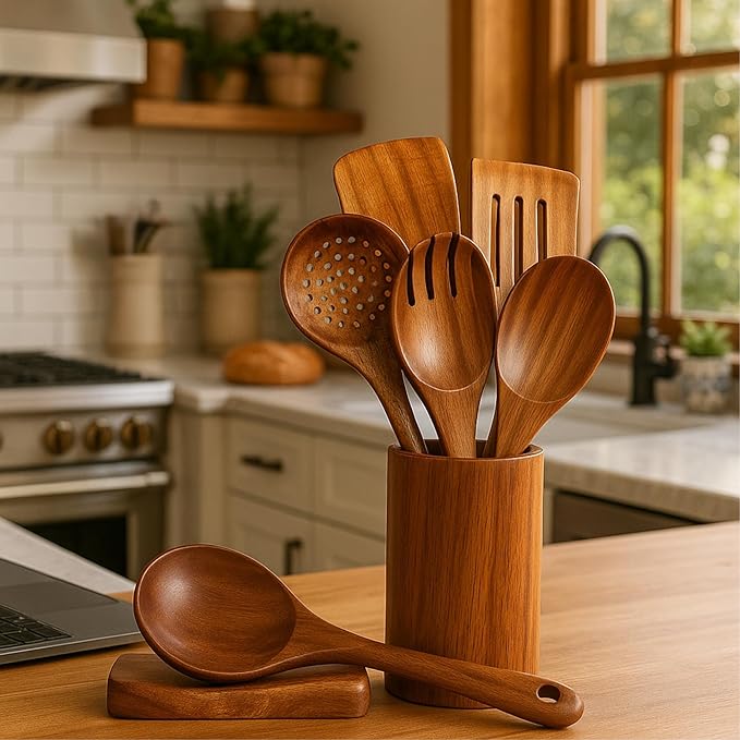 Natural Teak Wooden Spoons for Cooking & Serving Spoons | 9-Piece Home and Kitchen Wooden Utensil Set with Utensil Holder & Spoon Rest | Durable and Non-Stick Wooden Kitchen Utensils Set