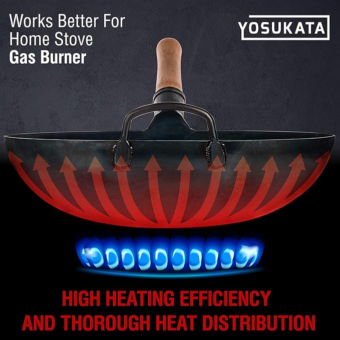 YOSUKATA 14??Round Bottom Carbon Steel Wok Pan ??Blue Pre-Seasoned Pow Wok for Stir Fry, BBQ & Camping ??Traditional Japanese & Chinese Cookware ??Compatible with Gas Stoves & Open Fire Only