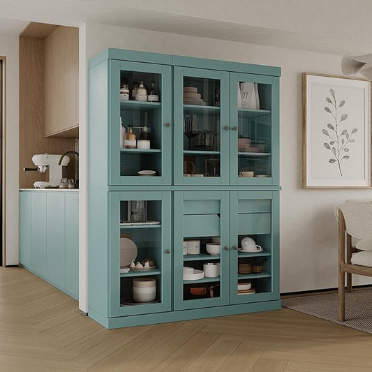 Palace Imports 100% Solid Wood 48.5" Pantry China Cabinet with Clear Glass Doors, 2-Drawers and Adjustable Shelves (Aqua)
