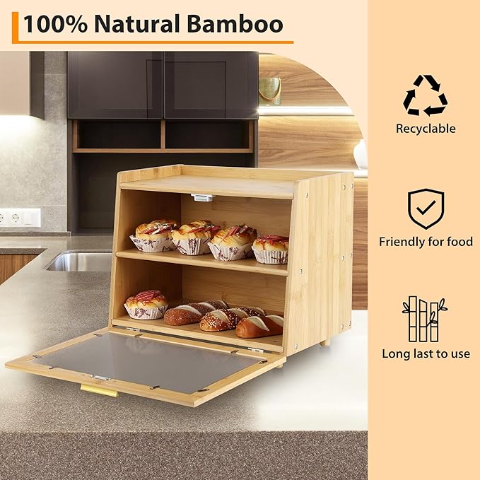 Double Layer Bread Box, Large Capacity Kitchen Counter Storage Container with Acrylic Clear Window and Hinge Door,Farmhouse Style Bread Keeper,Natural