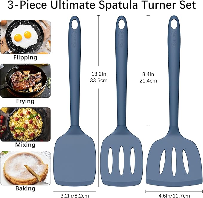 Coukre 3 Pack Silicone Spatula Set, High Heat Resistant, BPA-Free, Fish Spatula, Solid & Slotted Turner for Non-Stick Pans, Flipping Eggs, Pancakes, Fish, Burgers (3, PureNavy)