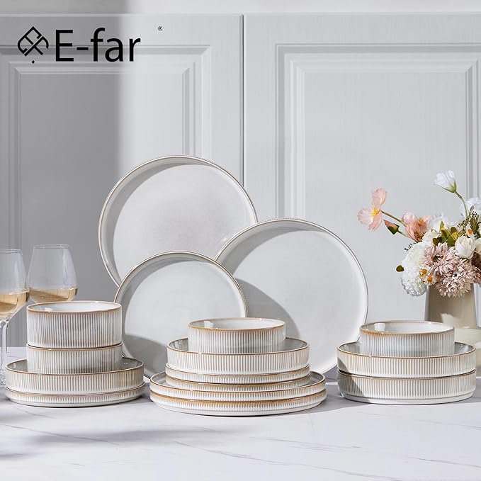 E-far 16 Piece Dinnerware Sets, Plates and Bowls with Pasta Bowls Service for 4, Modern Stoneware Ribbed Dishes for Kitchen Dining, Microwave & Dishwasher Safe, Creamy Beige
