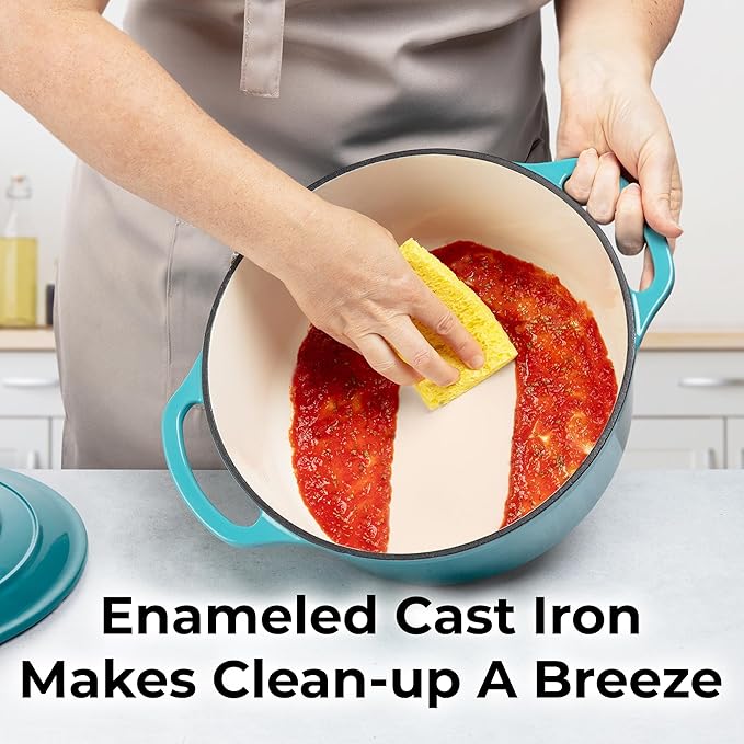 Zulay Kitchen 6 Quart Enameled Cast Iron Dutch Oven with Lid ??Premium Durability & Oven Safe up to 500째F ??Heavy Duty Cookware Perfect for Bread Baking, Stews, Braising & Roasting ??Light Blue